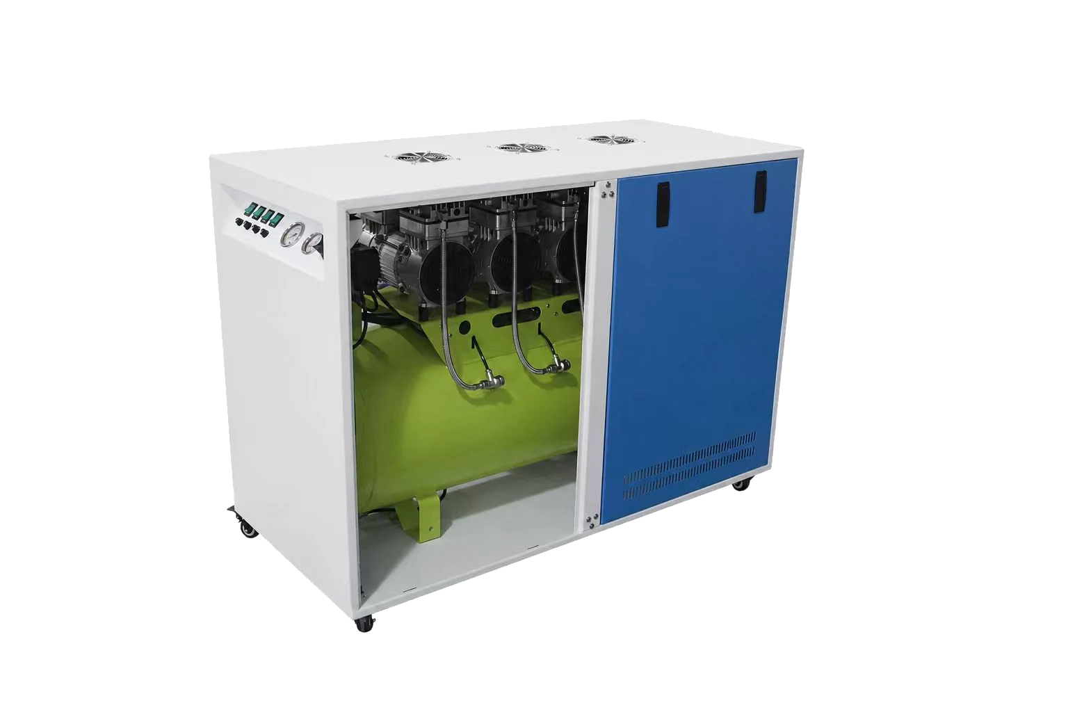 Enclosed dental air compressor unit with blue service panel and green tank
