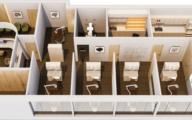 3D dental clinic layout design with treatment rooms and reception area