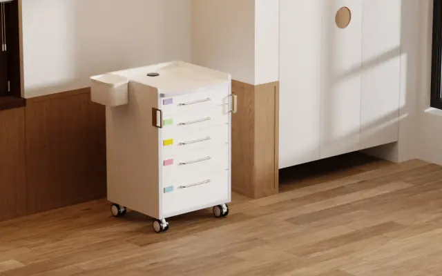 Dental cabinet and clinic furniture in a wood-finished treatment room