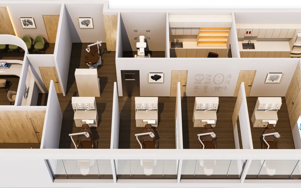 3D dental clinic layout design with treatment rooms and reception area