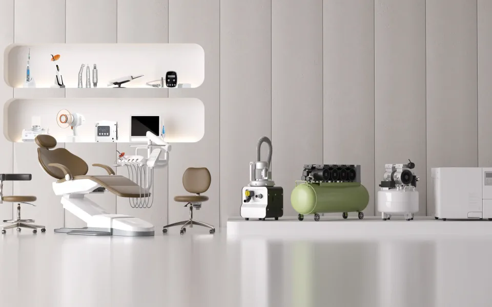 Complete dental equipment set with dental chair, instruments, and air systems