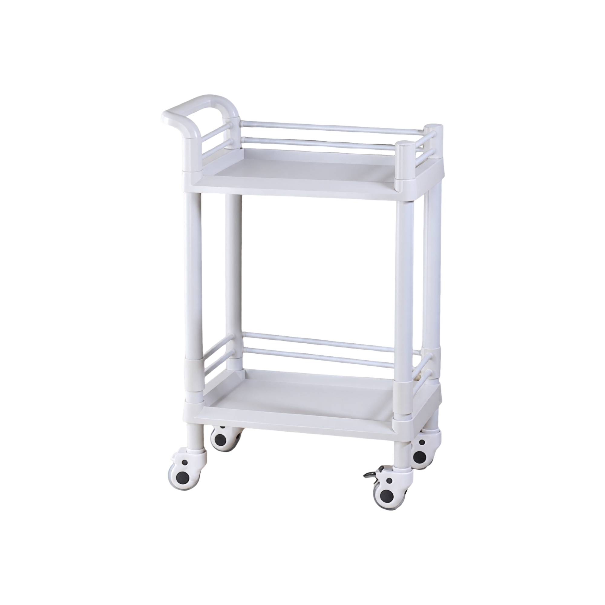 TJ-SC04 white two-tier dental trolley with guardrails and castors