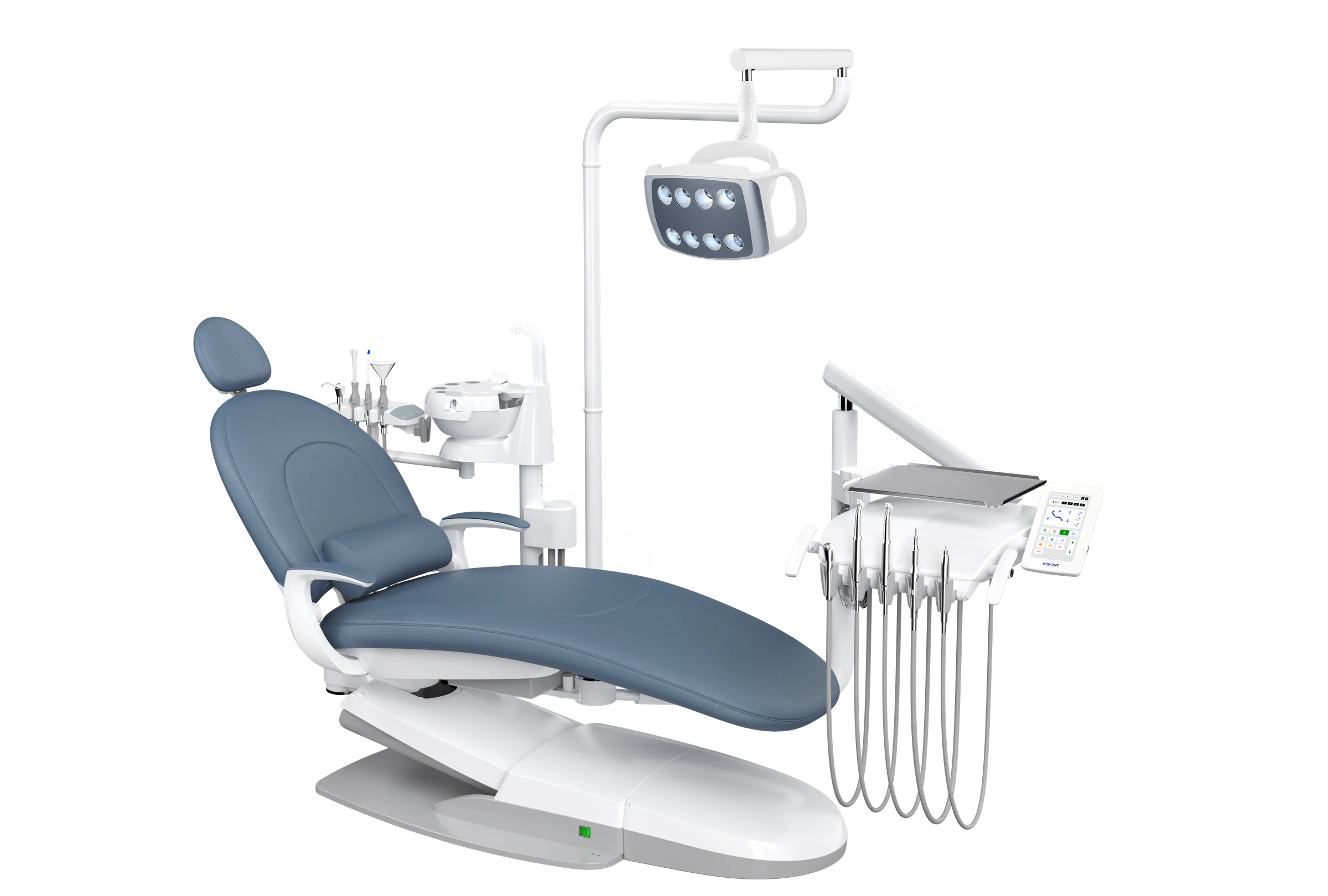 B100L Ultra high-end dental chair with blue upholstery in a front three-quarter view