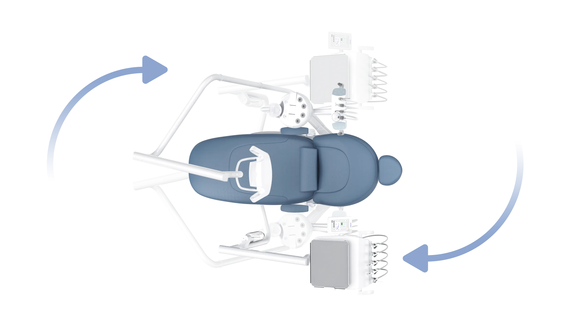 Top view of the B100L Ultra dental chair showing ambidextrous left-to-right delivery unit conversion