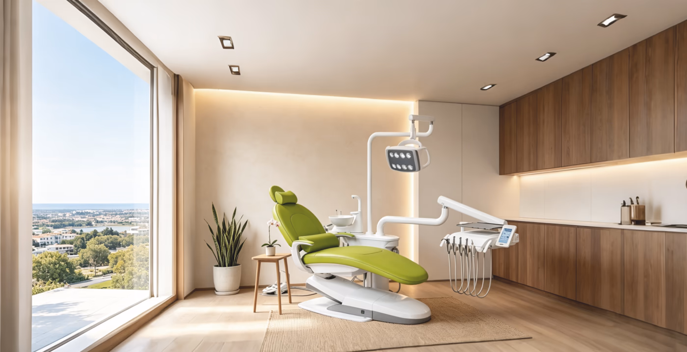 B100L Premium dental chair with green upholstery in a bright treatment-room setting
