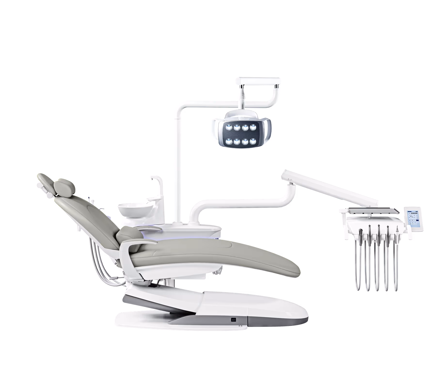 B100L Premium dental chair shown with K01 Cream White full-silicone upholstery