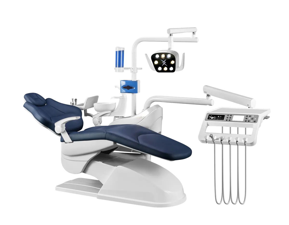 G7 mid-range dental chair with navy upholstery and blue treatment module