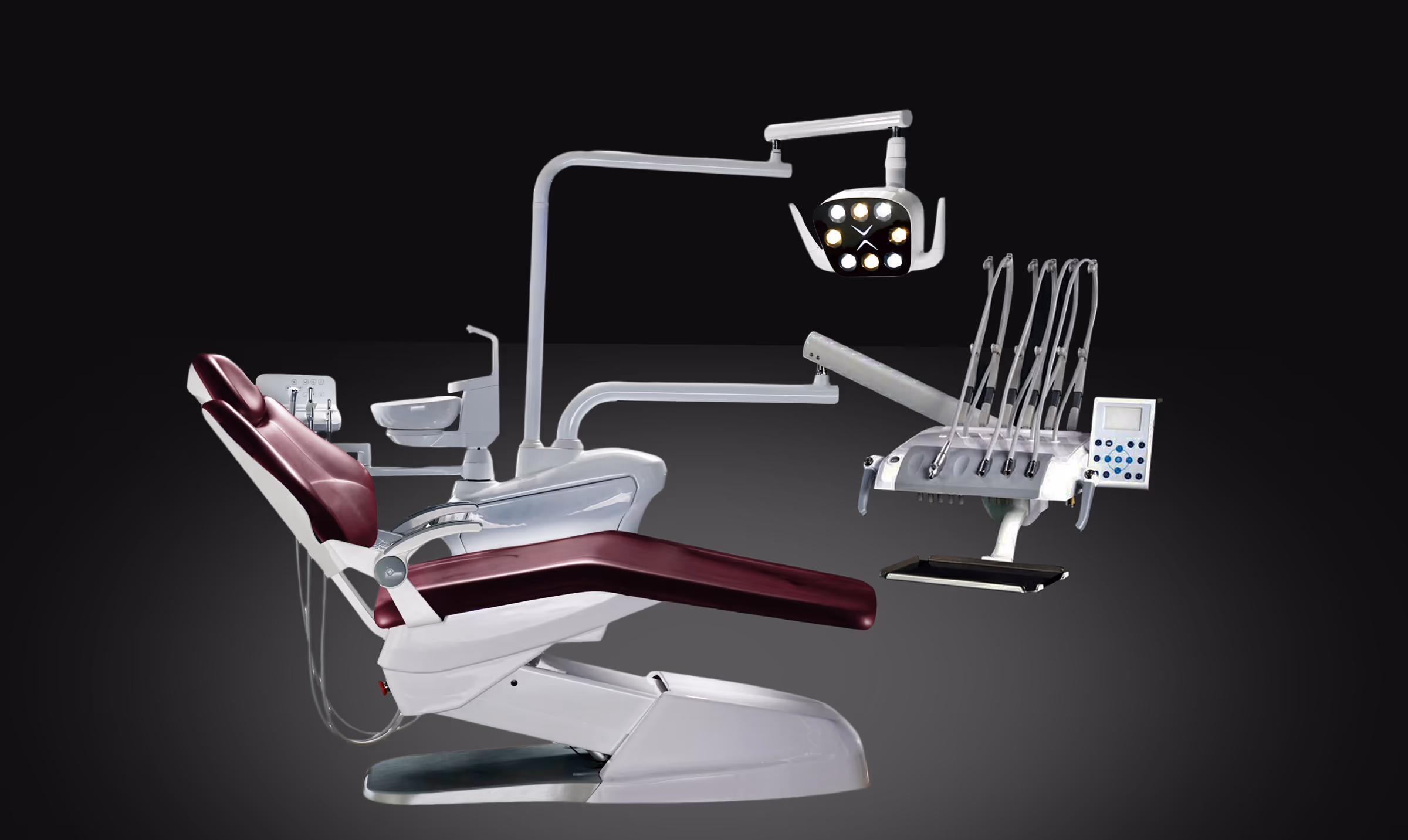 P2 mid-range dental chair, implant-light configuration