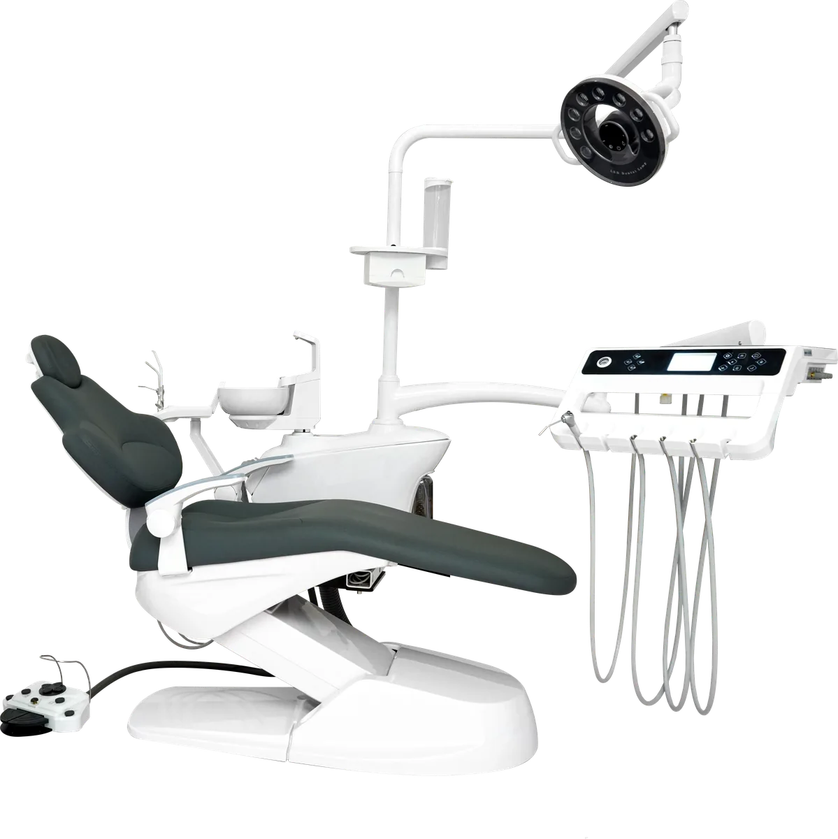 P6 mid-range dental chair with charcoal upholstery