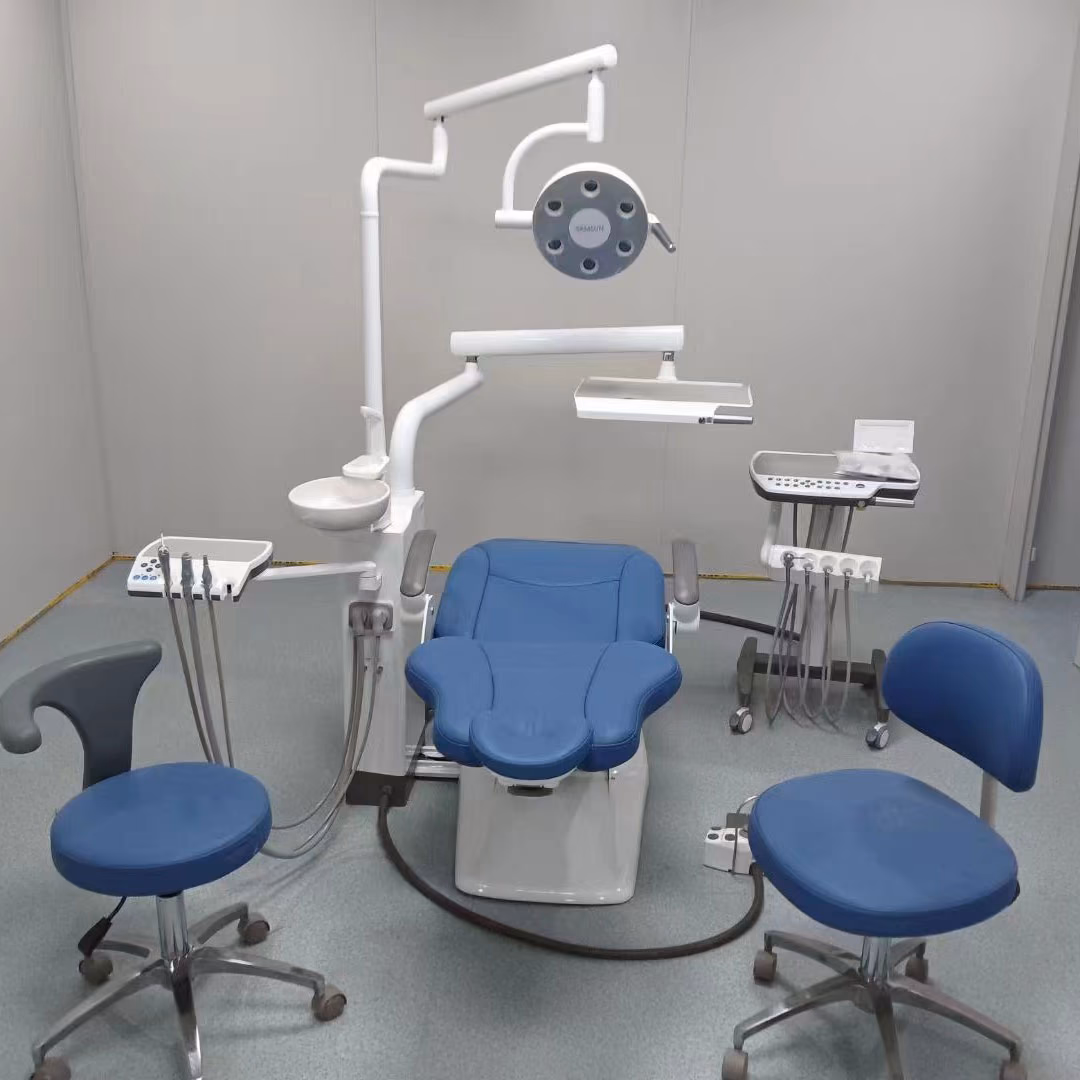 Blue S680 dental chair shown in a complete front-view installation