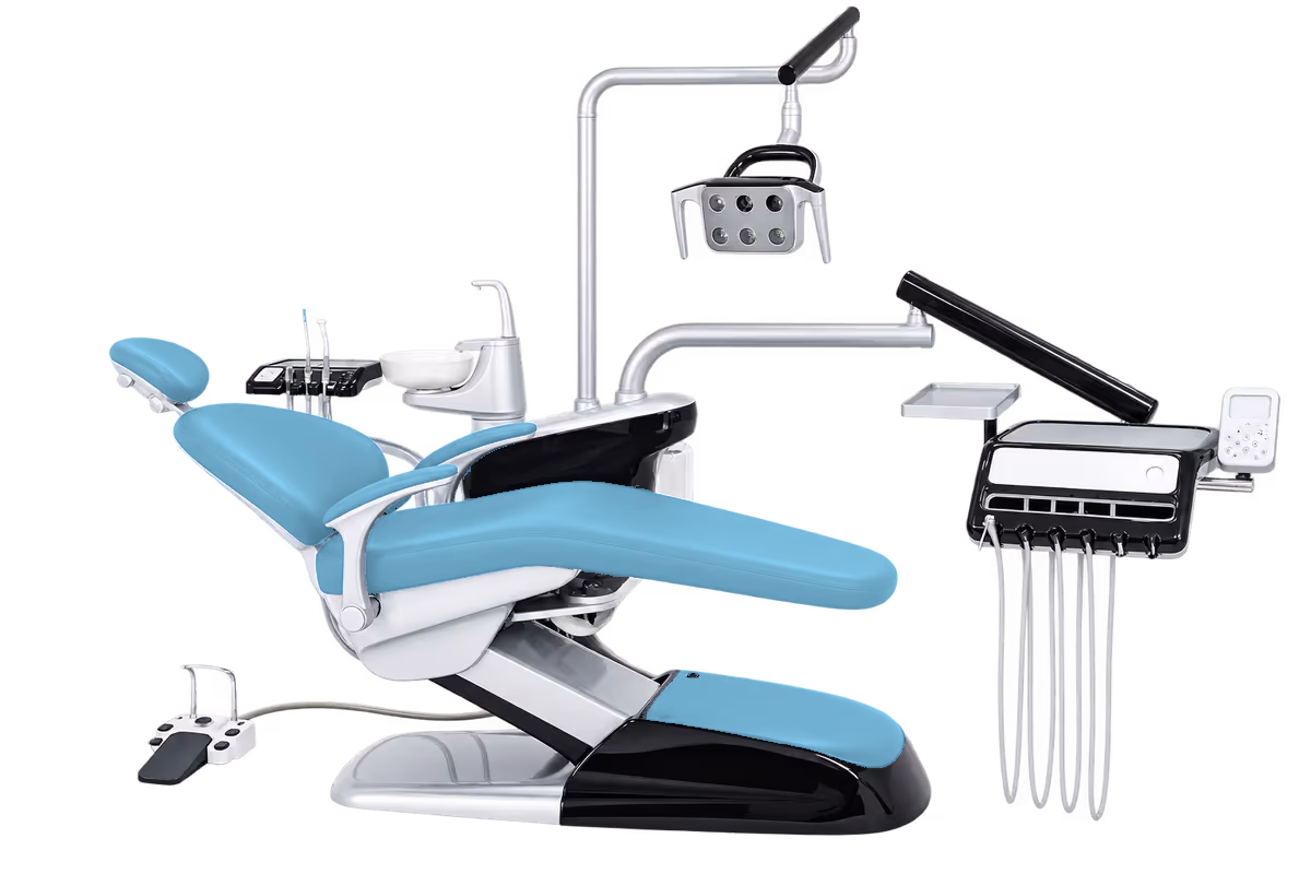 V3-Black dental chair shown with V01 Sky Blue upholstery