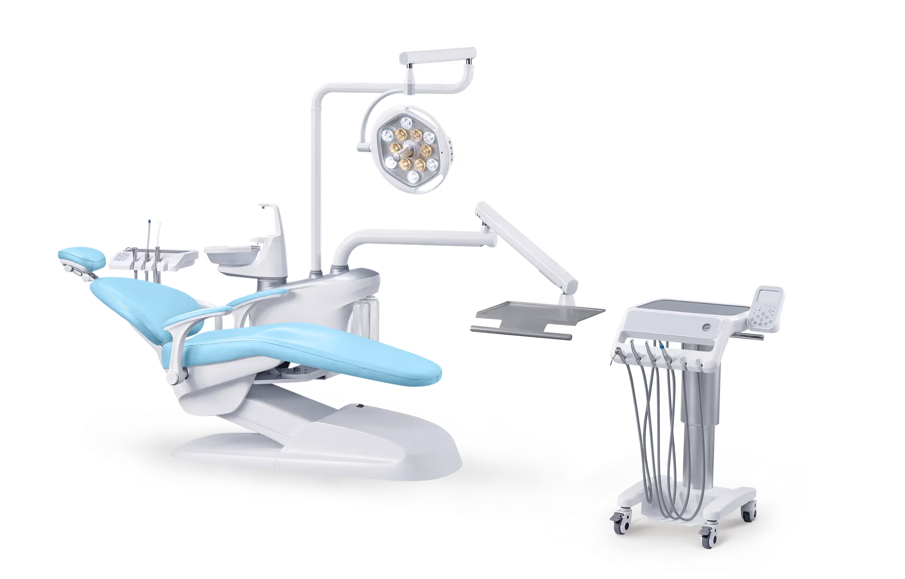V3 Implant dental chair shown with V01 Sky Blue full-silicone upholstery