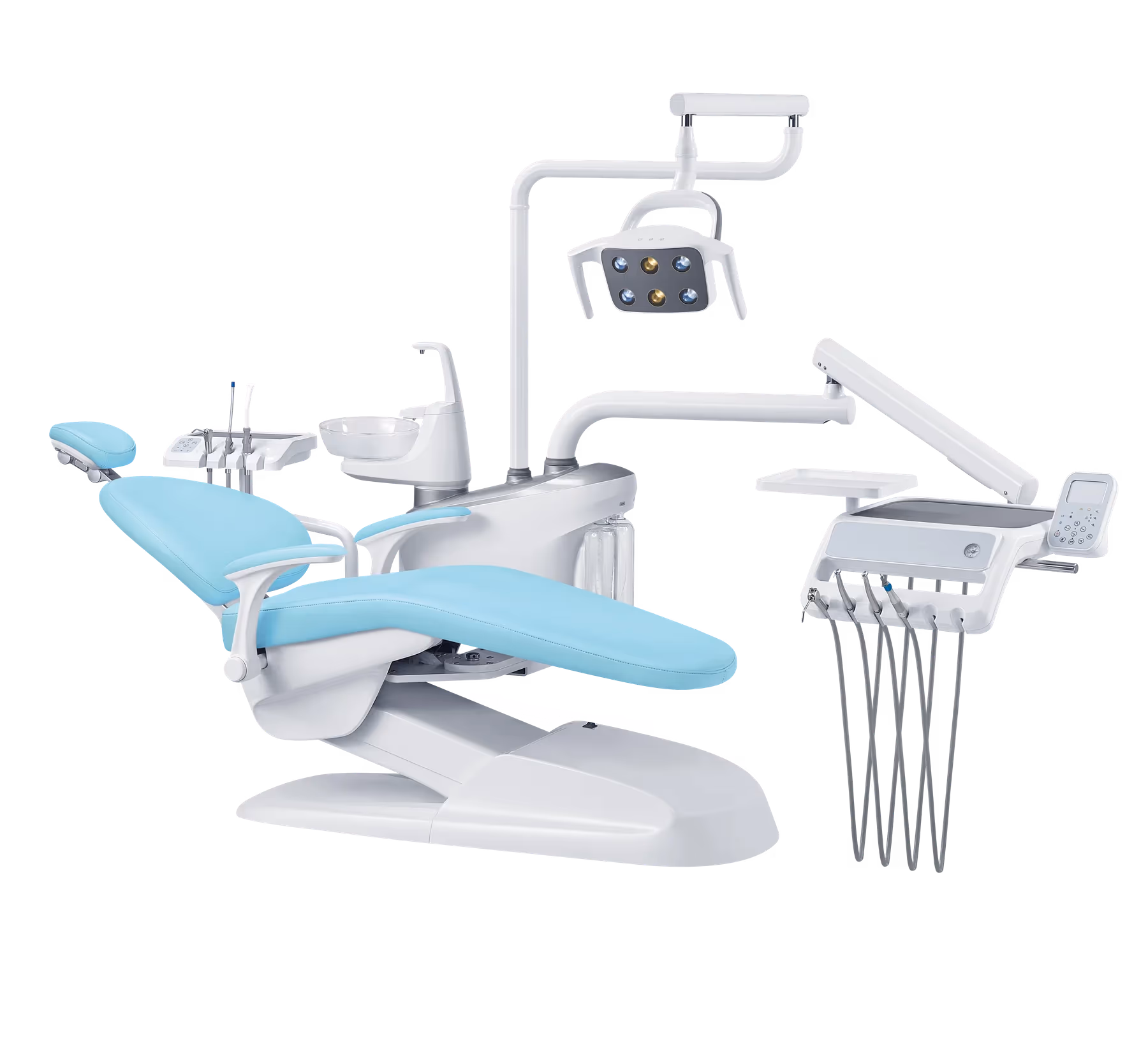 V3 Luxury dental chair shown with V01 Sky Blue full-silicone upholstery